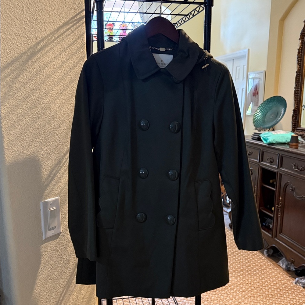 Kate Spade Dark Green Double-Breasted Coat with hood.